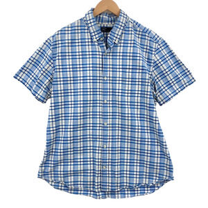 Gap Button Up Shirt Mens XL White Blue Plaid 100% Cotton Short Sleeve Collared